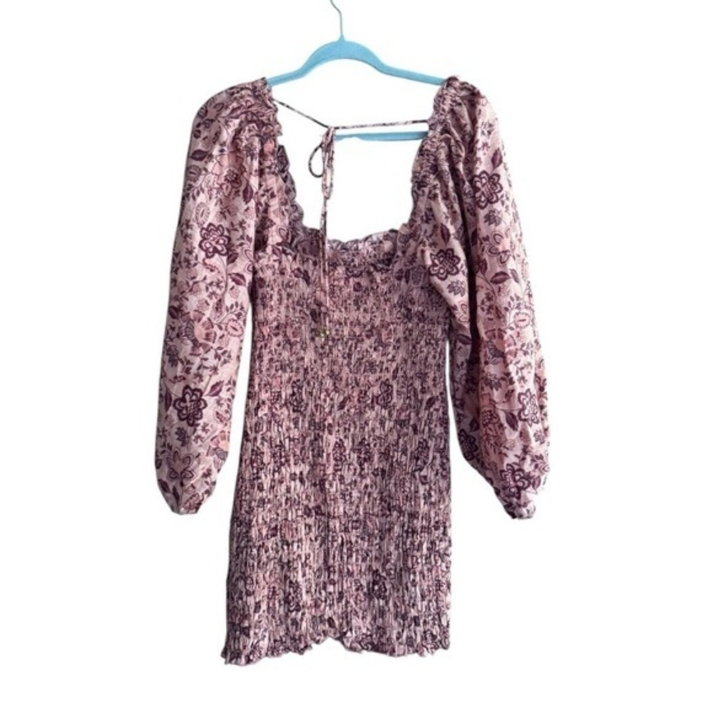 Free People Smocked Floral Mini Dress Puff Sleeve Open Back Cottagecore Boho M - Picture 3 of 6